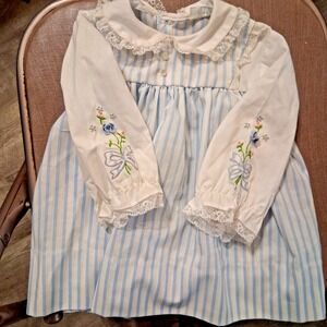 Vintage Baby Girl Nannette Floral Striped Embroidered Dress 6-9 Months Precious!